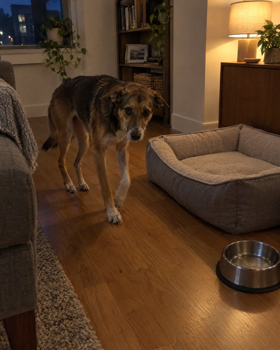 Adoptowany pies krąży obok legowiska