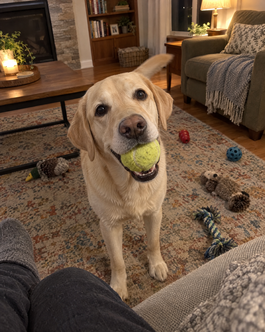 Labrador przynosi piłkę wieczorem